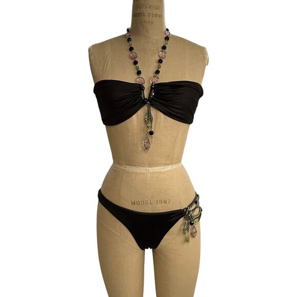 Beach Bunny Black Bikini Set Dangling Pastel Jewels Chain Halter Top L Bottoms M - Picture 1 of 13